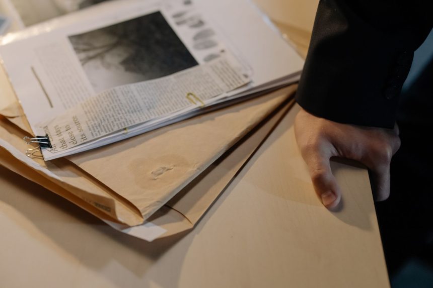 Mão sobre uma mesa ao lado de documentos de investigação e recortes de jornal.
