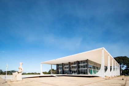 Edifício modernista do Supremo Tribunal Federal em Brasília sob céu azul